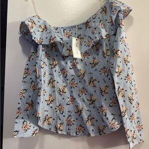 Chic Blue Floral Ruffle Blouse